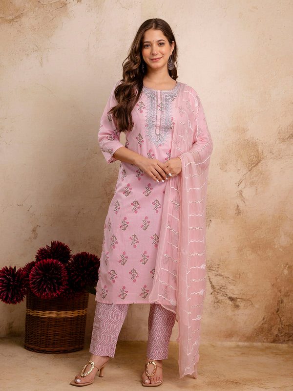 Pure Cotton Pink Embroidered Round-Neck 3-Piece Kurta Set with Printed Dupatta (MÐ3XL)