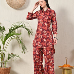 Maroon Elegant Collared Co-Ord Set with Frill Detail & Elasticated Pants