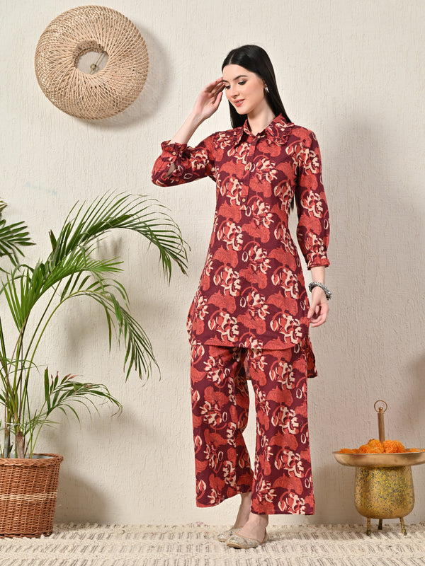 Maroon Elegant Collared Co-Ord Set with Frill Detail & Elasticated Pants