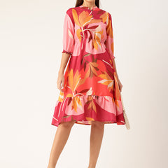 Women’s Multi-Color Muslin Floral Dress with Mandarin Collar & 3/4 Smocked Sleeves