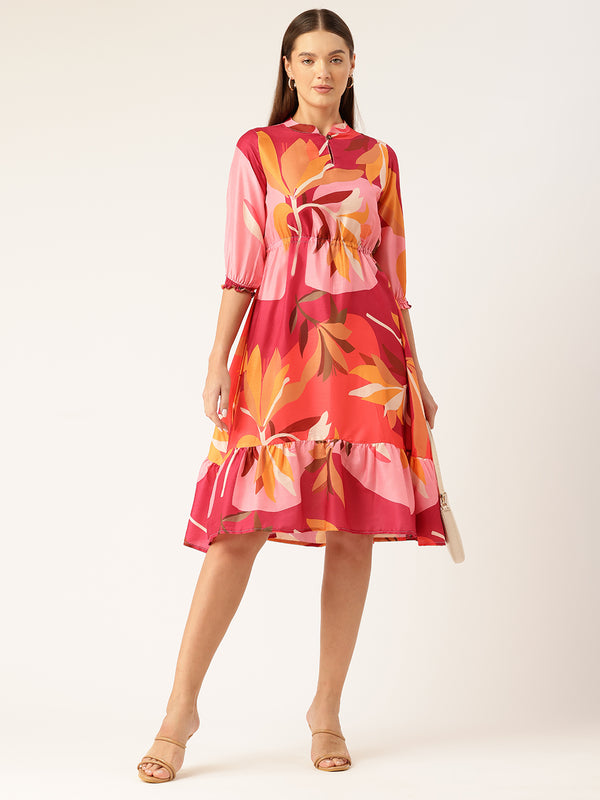 Women’s Multi-Color Muslin Floral Dress with Mandarin Collar & 3/4 Smocked Sleeves