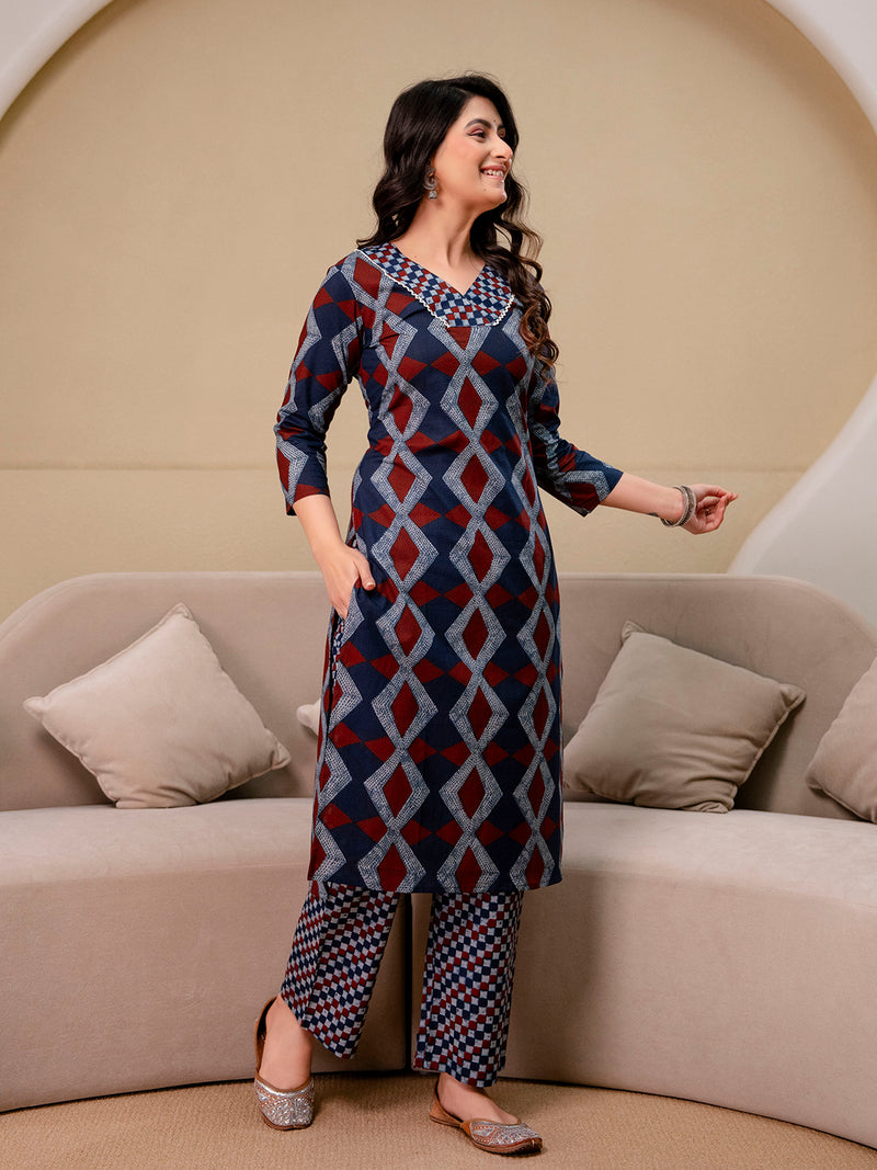 Bordered V-Neck 3-Piece Kurta Set with Ankle-Length Pants & Full-Length Dupatta (M–XXL)