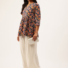 Peplum Hem TOP for Women - Mandarin Collar with V-Cut & 3/4 Sleeves