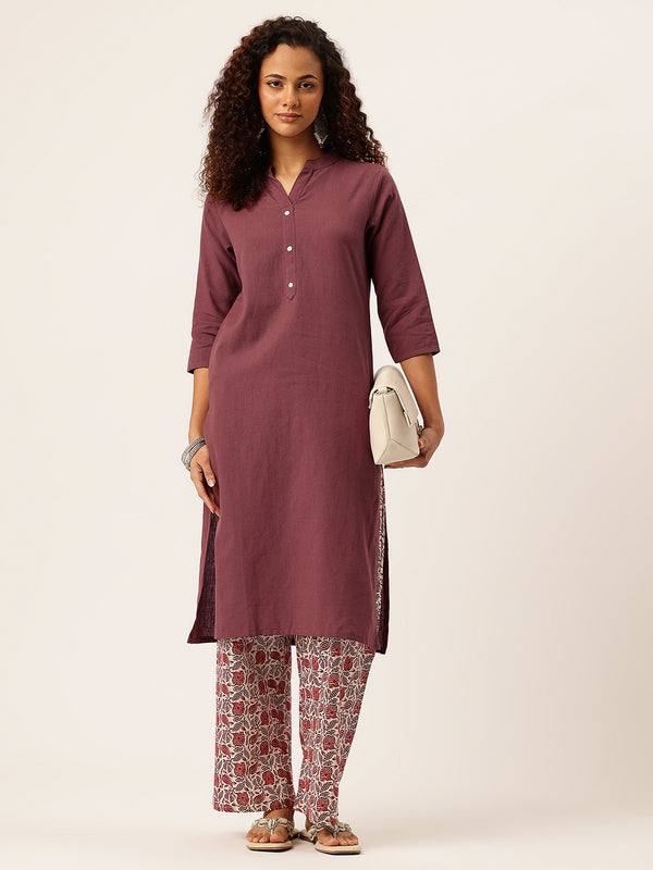 Women’s Solid Long Kurti with Mandarin Collar, 3/4 Sleeves & Pocket | Plain Elegant Cotton Kurta for Daily & Office Wear