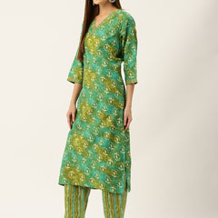 Bordered V-Neck 3-Piece Kurta Set with Ankle-Length Pants & Full-Length Dupatta (Size S-XXL).