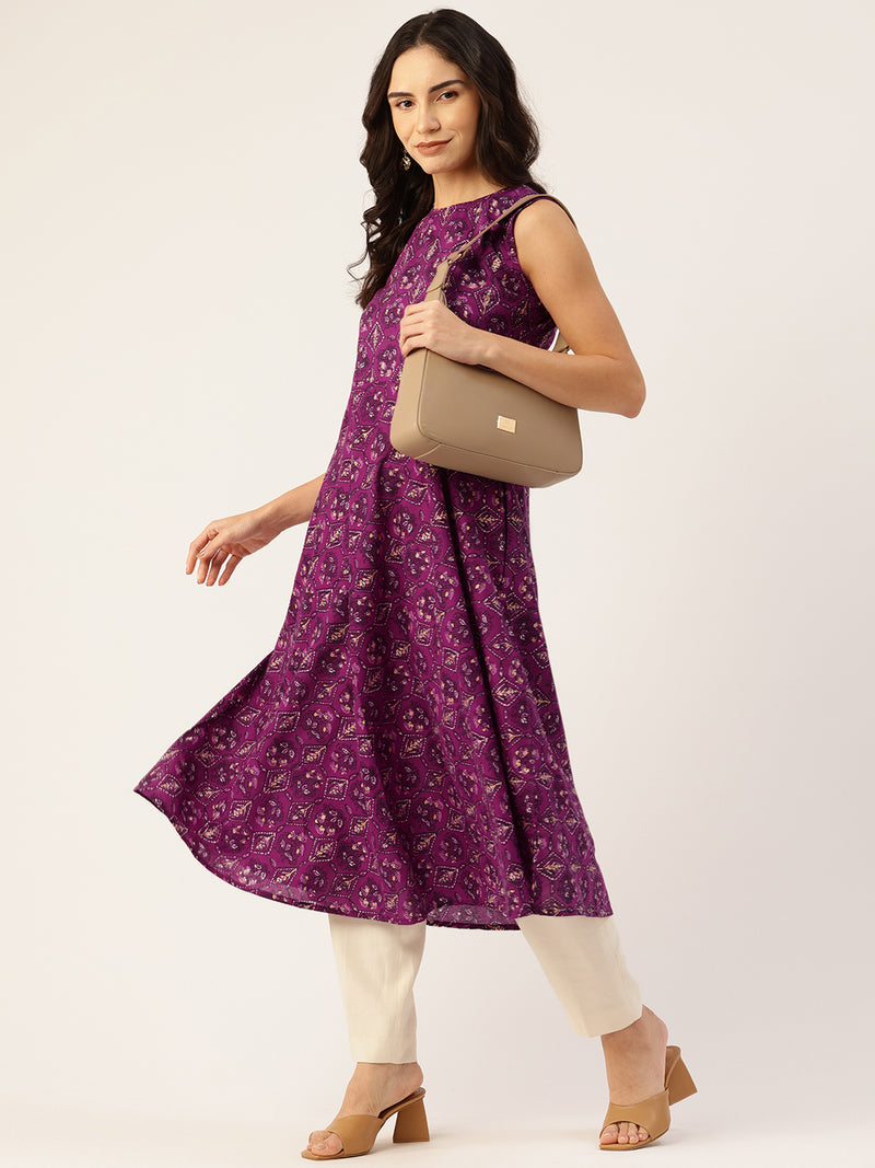 Elegant Floral Sleeveless A-Line Kurti with Back Zip Closure
