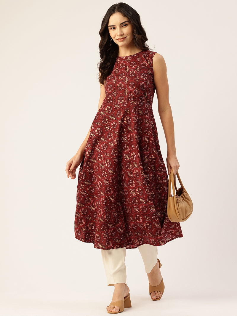 Elegant Floral Sleeveless A-Line Kurti with Back Zip Closure