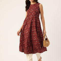 Elegant Floral Sleeveless A-Line Kurti with Back Zip Closure