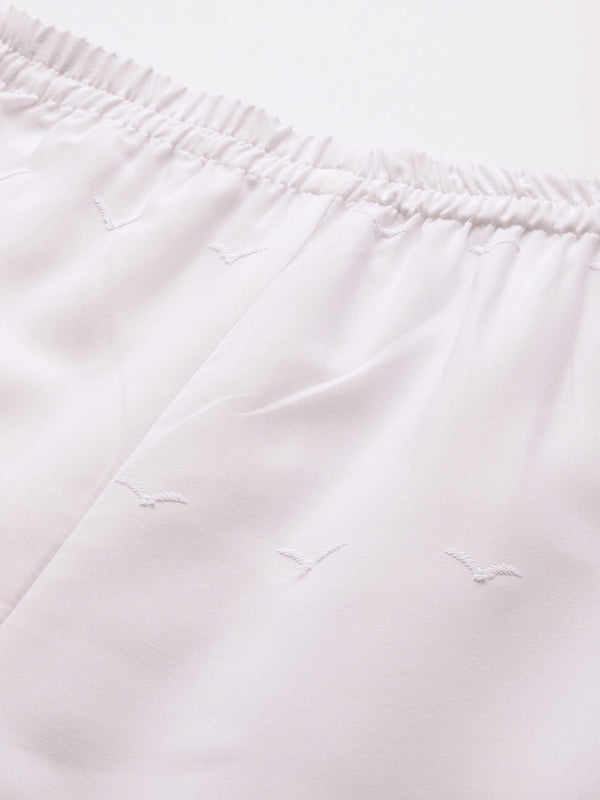 White Embroidered Palazzos–Fully Lined, Elastic Waist & Ankle-Length with Side Pocket