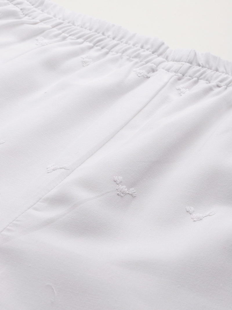White Embroidered Palazzos–Fully Lined, Elastic Waist & Ankle-Length with Side Pocket