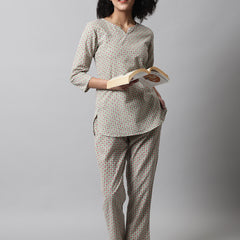 Green Printed Cotton Night Suit with V-Neck Kurti & Ankle-Length Pants