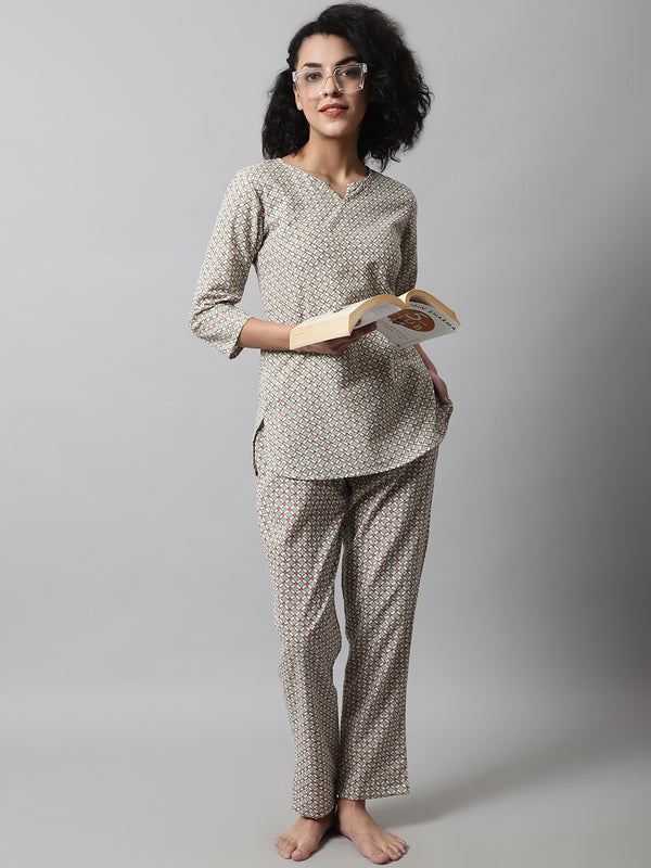 Green Printed Cotton Night Suit with V-Neck Kurti & Ankle-Length Pants