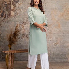 Women’s Solid Long Kurti with Mandarin Collar, 3/4 Sleeves & Pocket | Plain Elegant Cotton Kurta for Daily & Office Wear