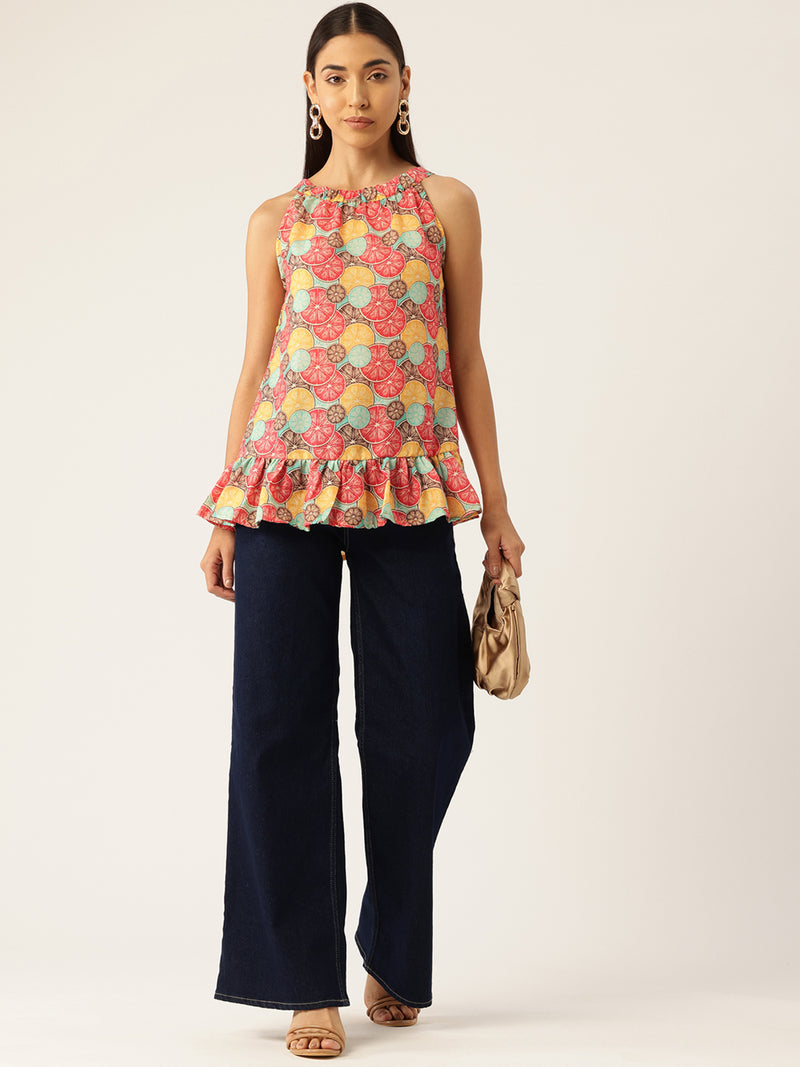 Cropped Sleeveless Elasticated Neck Bottom Flared Top with digital print on linen fabric.  | Size- Small |  Colour - Magenta, Green, Aqua, Yellow