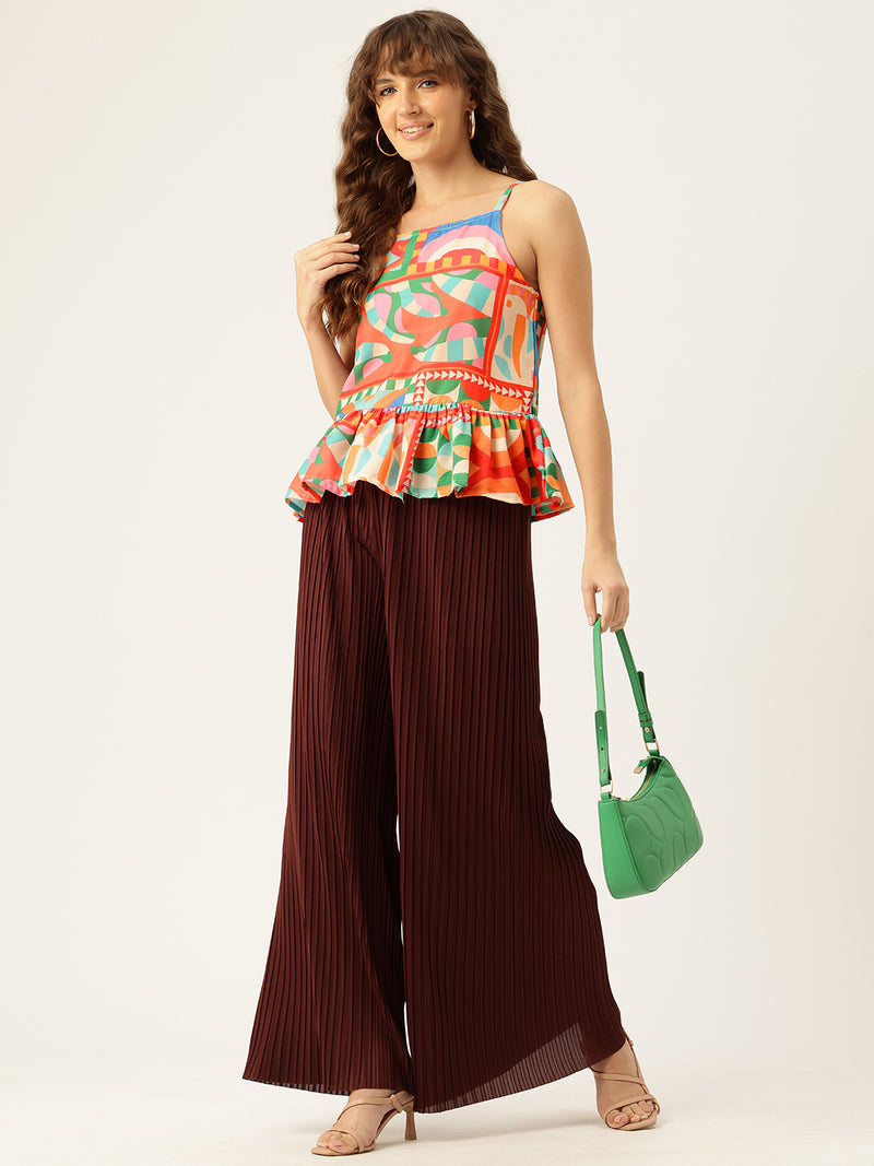 Cropped Sleeveless strap Peplum top with digital print on linen fabric.| Size- Small| Colour - Red, Mustard, Green, Pink