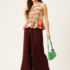 Cropped Sleeveless strap Peplum top with digital print on linen fabric.| Size- Small| Colour - Red, Mustard, Green, Pink