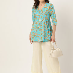 Floral Print Angrakha 3\4 Sleeves Flared Kurti