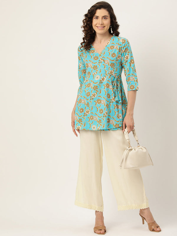 Floral Print Angrakha 3\4 Sleeves Flared Kurti