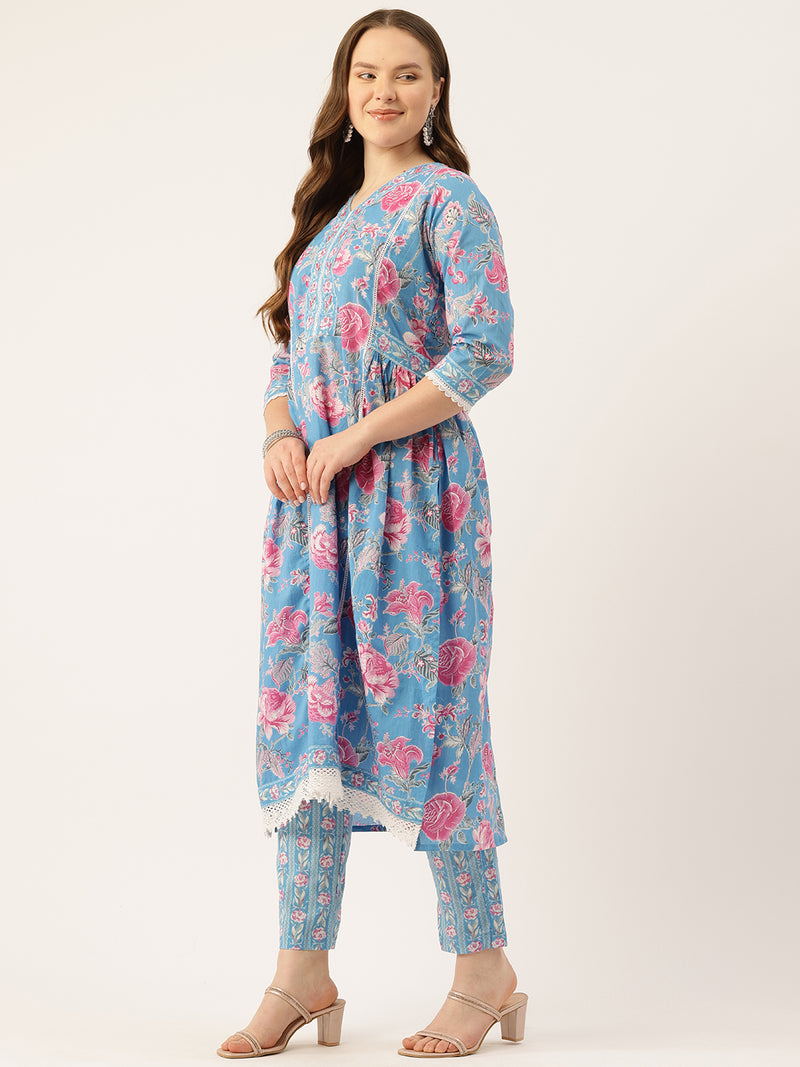 A-line Dupatta Sets - V-Neck, 3/4 Sleeves, Lace Work, Elastic Waistband Pants with Pockets & Full-Length Dupatta (M-XXL)