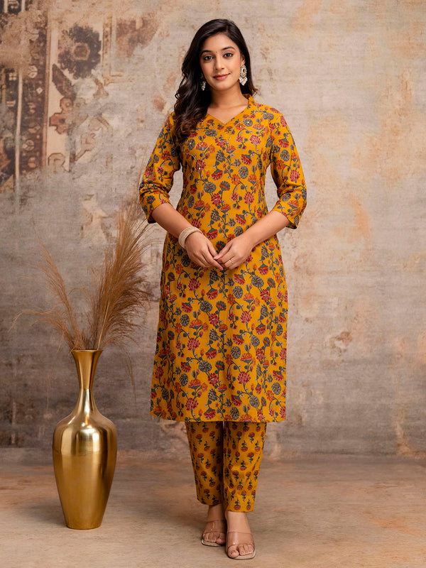 Pure Cotton Mustard Floral Printed 3-Piece Kurta Set with Dupatta
