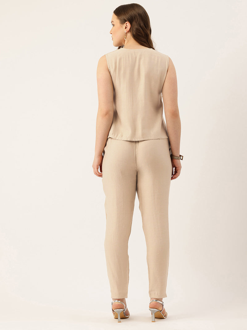 Off White Women's Embroidered Co-ord Set - Viscose Fabric Sleeveless Shirt and Pant