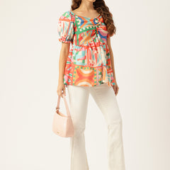 Cropped v-neck peplum puff sleeved top with digital print on linen fabric.
