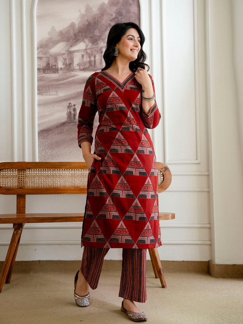 Bordered V-Neck 3-Piece Kurta Set with Ankle-Length Pants & Full-Length Dupatta (M–XXL)