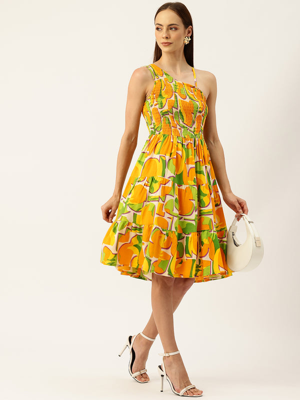 Women’s Rayon One-Shoulder Dress with Smocked Bodice & Flared Skirt – Bright Summer Colors