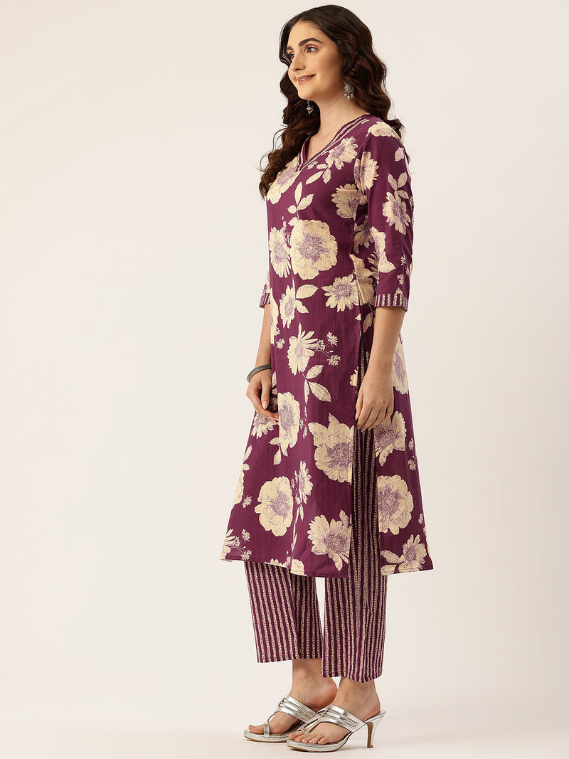 Bodered V-Neck 3-Piece Kurta Set with Ankle-Length Pants & Full-Length Dupatta (Size S-XXL).