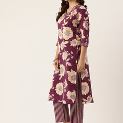 Bodered V-Neck 3-Piece Kurta Set with Ankle-Length Pants & Full-Length Dupatta (Size S-XXL).