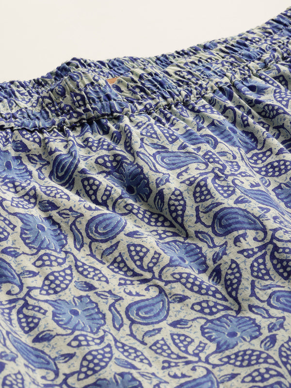 Light Blue Women Pure Cotton Paisley Printed Palazzo Pants | Elastic Waist | Wide Leg