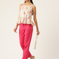 Cropped Sleeveless strap Peplum top with digital print on linen fabric.| Size- Small| Colour - Pink, Red, Aqua