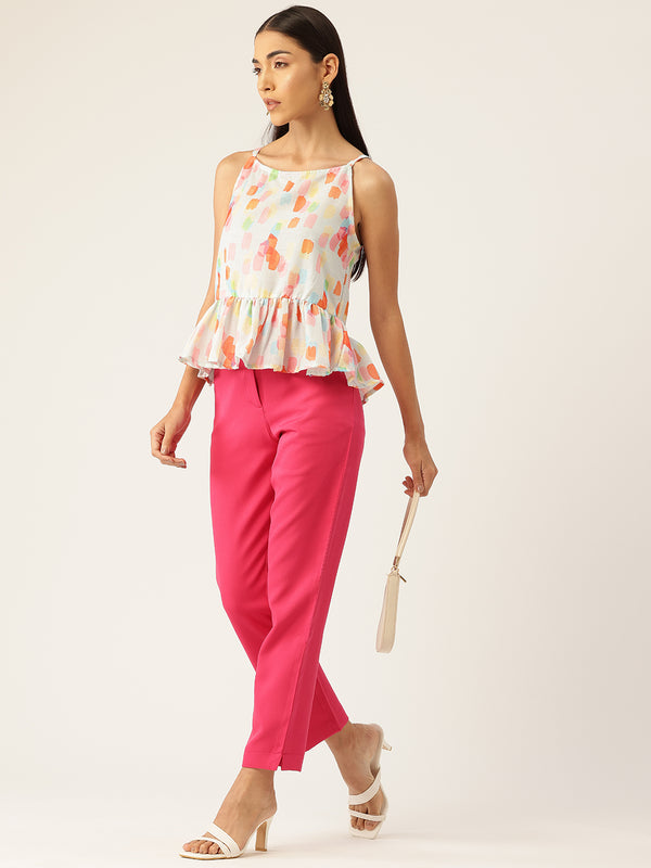 Cropped Sleeveless strap Peplum top with digital print on linen fabric.| Size- Small| Colour - Pink, Red, Aqua