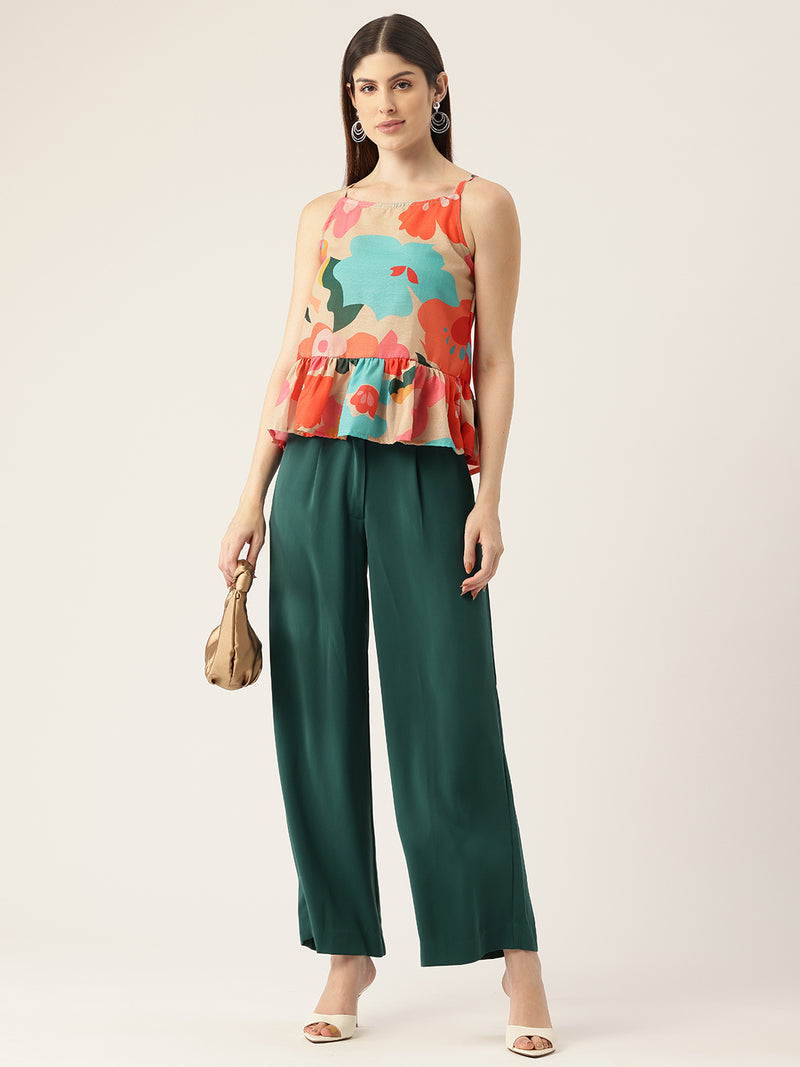 Cropped Sleeveless strap Peplum top with digital print on linen fabric.| Size- Small| Colour - Cream, Red, Blue