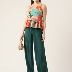 Cropped Sleeveless strap Peplum top with digital print on linen fabric.| Size- Small| Colour - Cream, Red, Blue