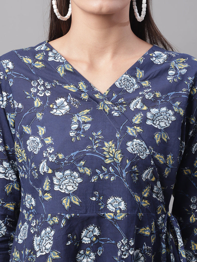 Women Blue Cotton Printed Short Kurti