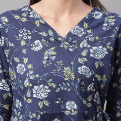 Women Blue Cotton Printed Short Kurti