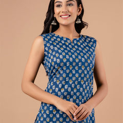 Cotton Printed Blue Sleeveless Top