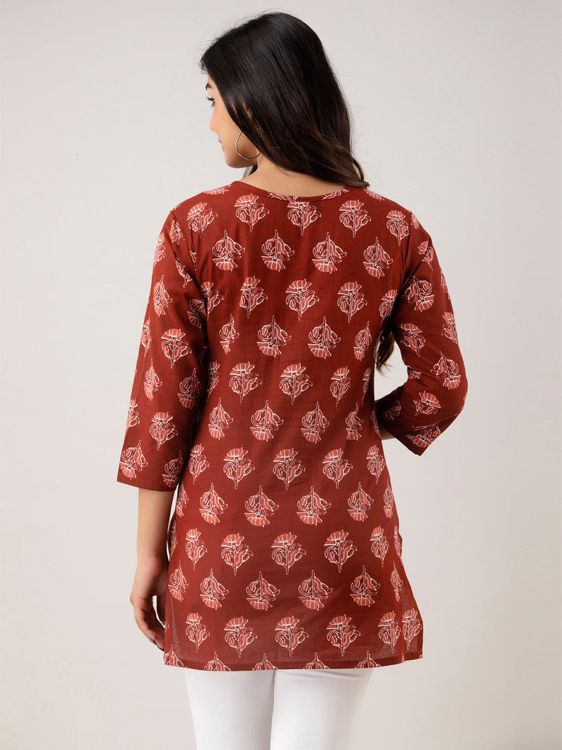 Women Red Cotton Printed Short Kurti
