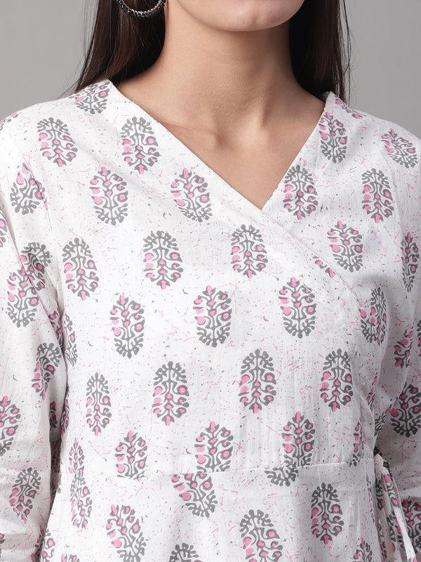 Women White Cotton Printed Short Kurti
