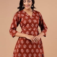Cotton Printed Rust Brown Angrakha Short Tunic
