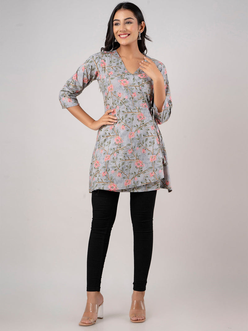 Cotton Printed Grey Angrakha Short Tunic