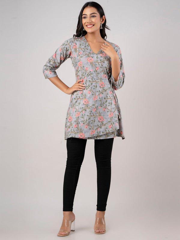 Cotton Printed Grey Angrakha Short Tunic