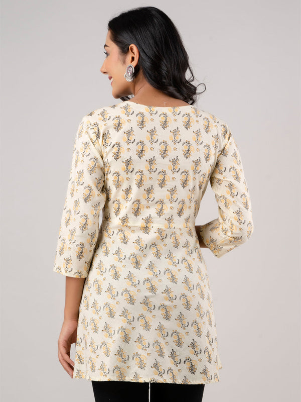 Cotton Printed Yellow Angrakha Short Tunic