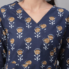 Women Blue Cotton Printed Short Kurti