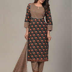 Cotton Printed Grey Kurta Set with Dupatta