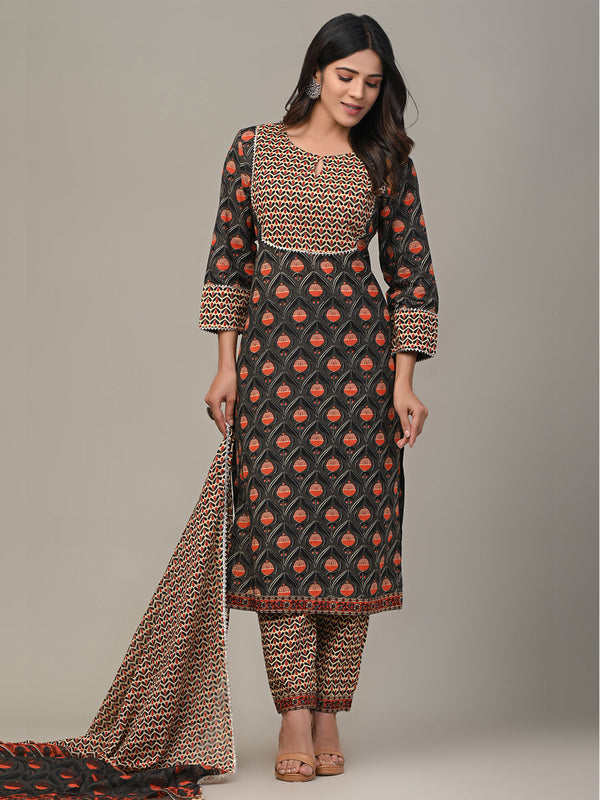 Cotton Printed Grey Kurta Set with Dupatta