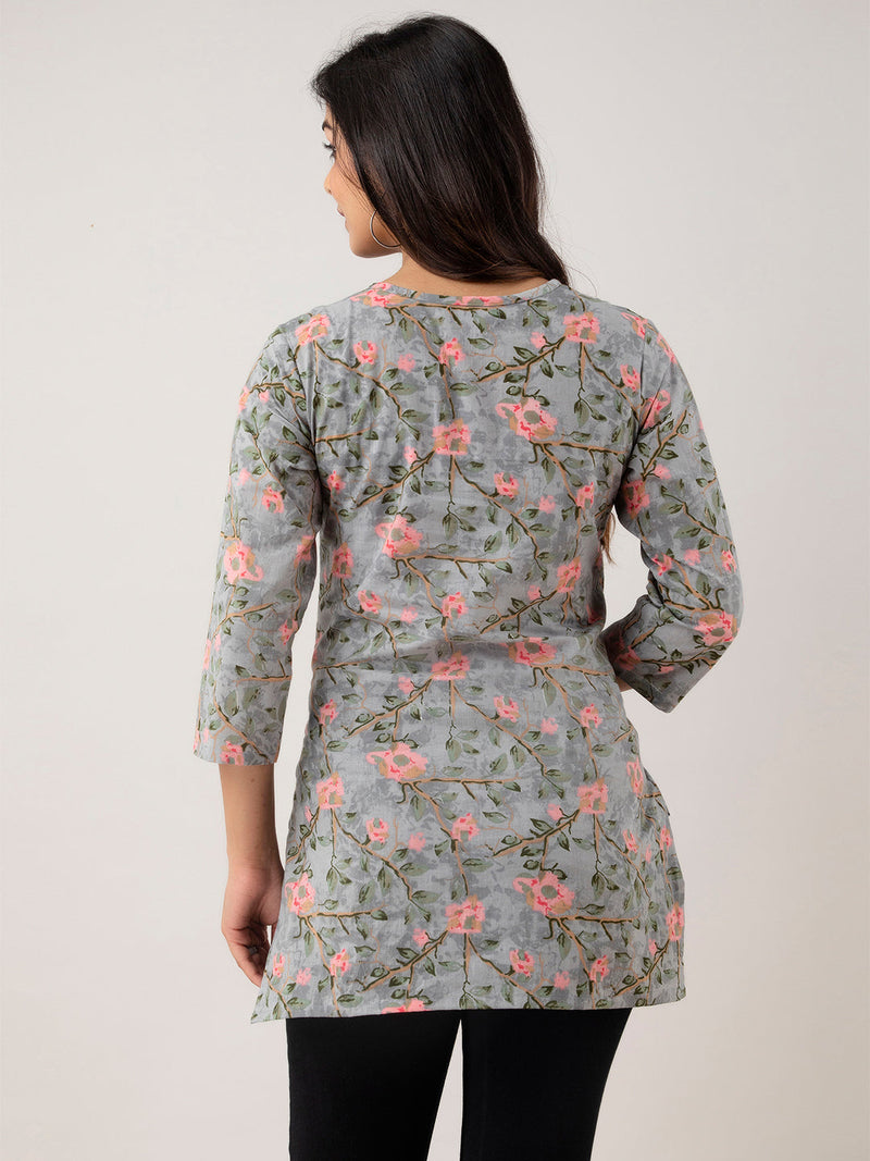 Women Grey Cotton Printed Short Kurti