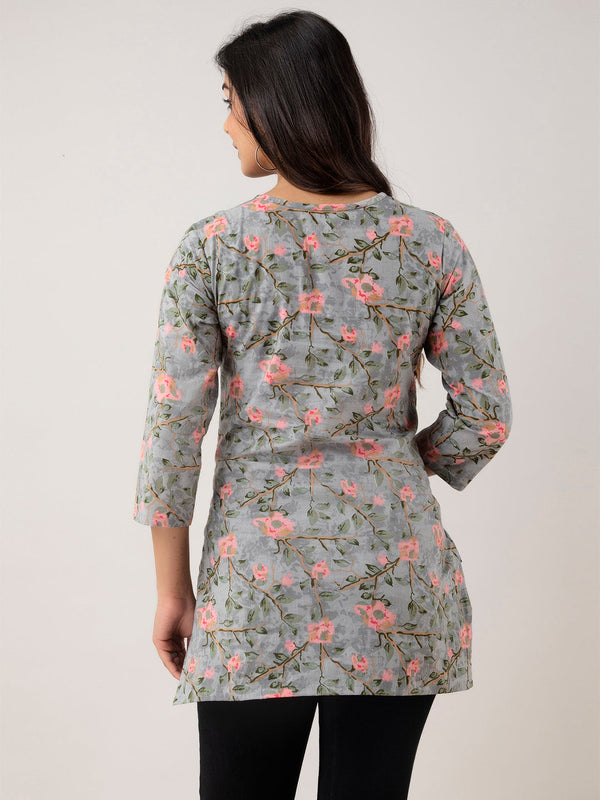 Women Grey Cotton Printed Short Kurti