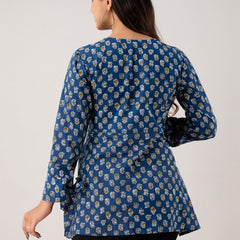 Women Blue Cotton Printed Short Kurti